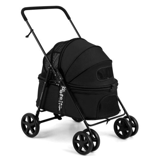 Black American Smart foldable pet stroller for small and medium dogs with one-step rear brake and canopy, ideal for convenient pet transport.