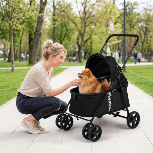 Foldable black pet stroller for small to medium dogs with canopy and one-step rear brake, American Smart dog supplies.