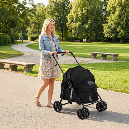 Black American Smart foldable pet stroller for small and medium dogs with canopy, one-step rear brake, and compact design.