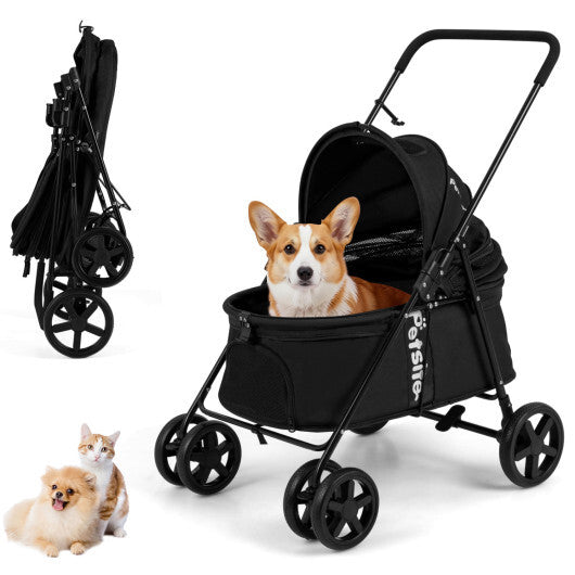 Black American Smart foldable pet stroller for small to medium dogs with canopy, one-step rear brake, suitable for dog supplies.