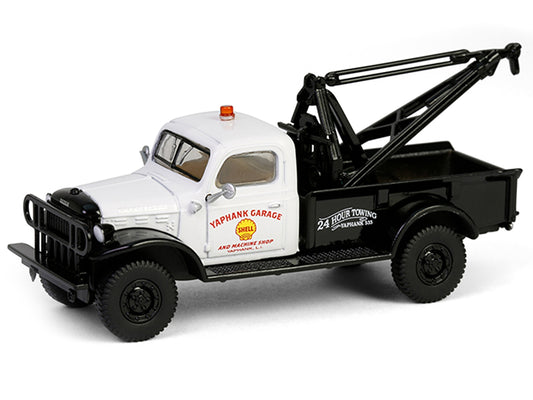 1945 Dodge Power Wagon Wrecker Tow Truck diecast model by Greenlight, white and black Shell Oil "Running on Empty" series, 1/64 scale.