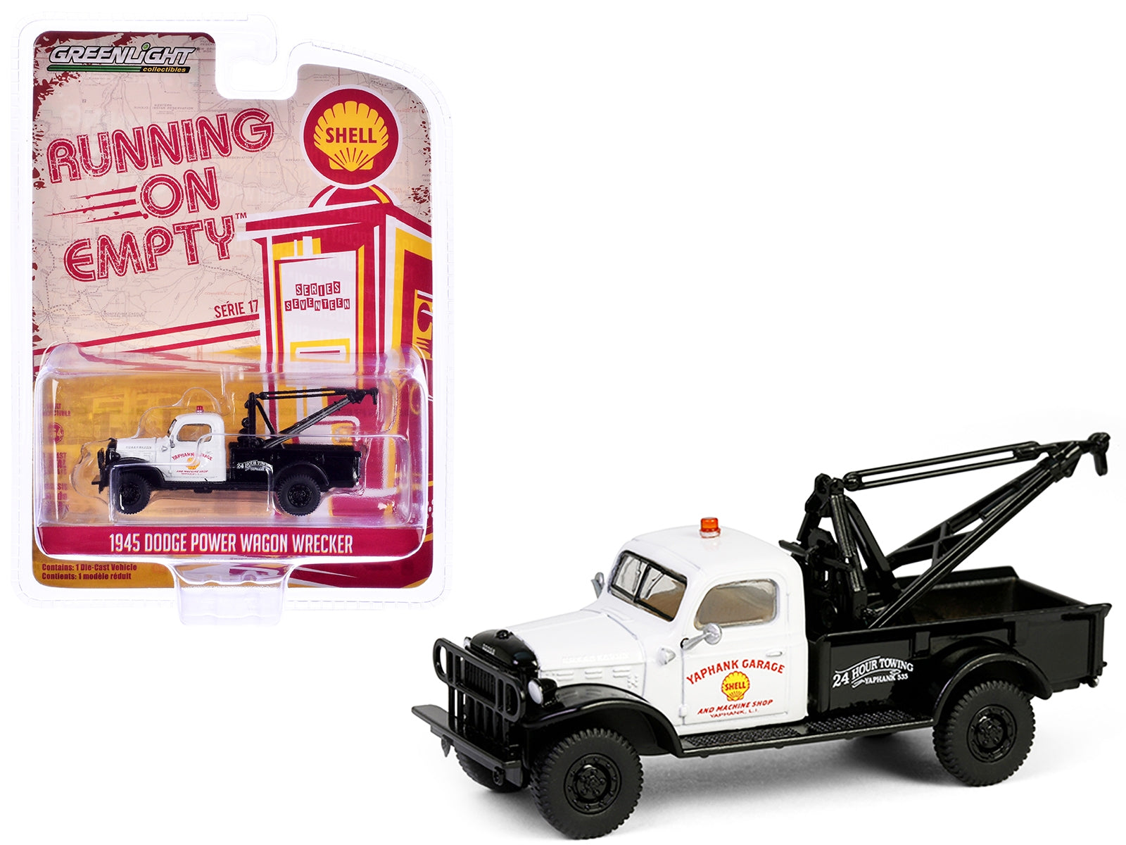 White and black 1945 Dodge Power Wagon Wrecker Tow Truck diecast model by Greenlight, detailed "Shell Oil" series pickup truck.