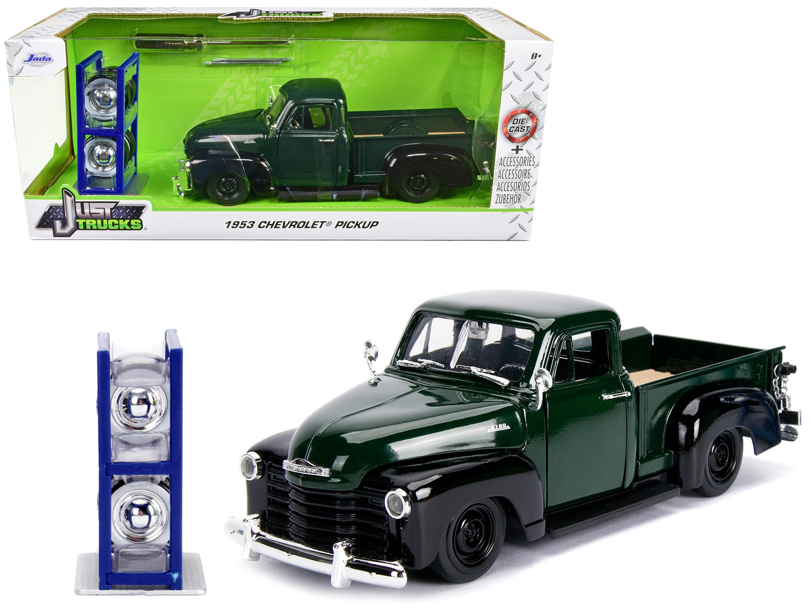Green 1953 Chevrolet 3100 pickup truck diecast model by Jada, with extra wheels, part of the Just Trucks series, 1/24 scale.