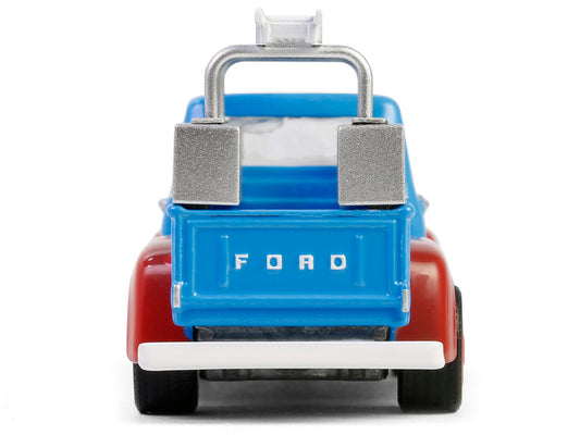 1956 Ford F-100 pickup truck diecast model by Greenlight, blue and red Chevron Special Edition with tool boxes and ladders.