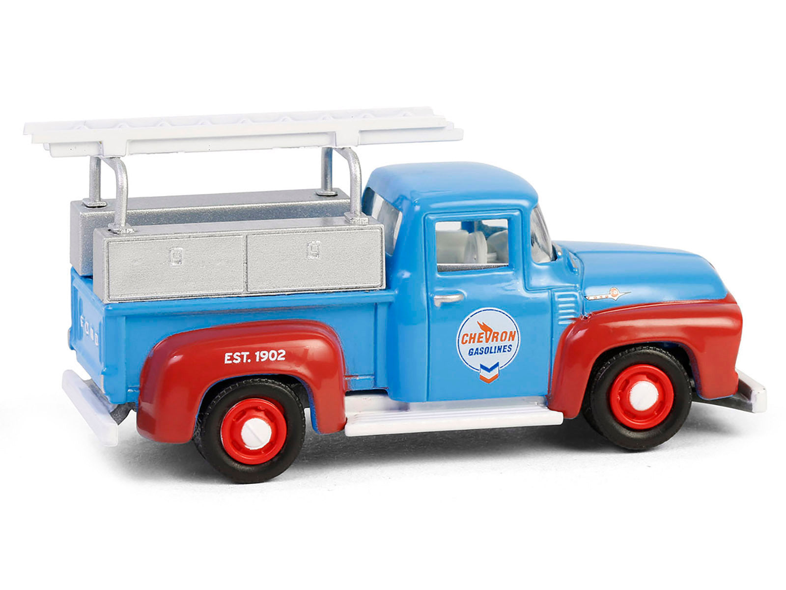 1956 Ford F-100 pickup truck diecast model by Greenlight, in Chevron blue and red, with tool boxes and ladders, part of Special Edition series