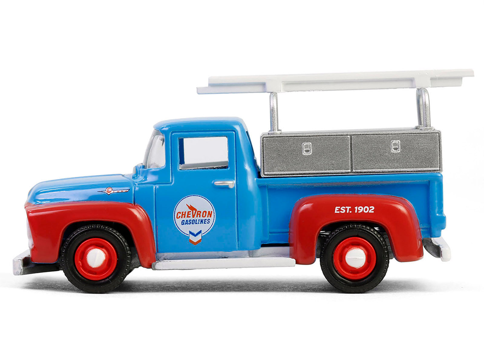 1956 Ford F-100 pickup truck diecast model by Greenlight, in Chevron blue and red with tool boxes and ladders, part of Series 1.