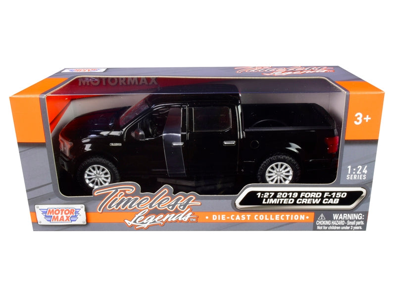 Black 2019 Ford F-150 Limited Crew Cab pickup truck diecast model by Motormax, detailed scale model in American Smart packaging.
