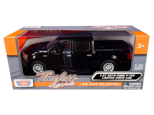 Black 2019 Ford F-150 Limited Crew Cab pickup truck diecast model by Motormax, detailed scale model in American Smart packaging.