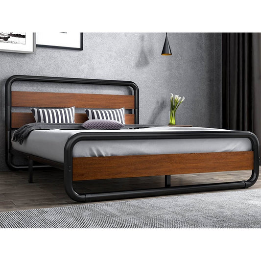 Modern Queen heavy-duty metal and wood platform bed frame with headboard, American Smart industrial design, sturdy and stylish.