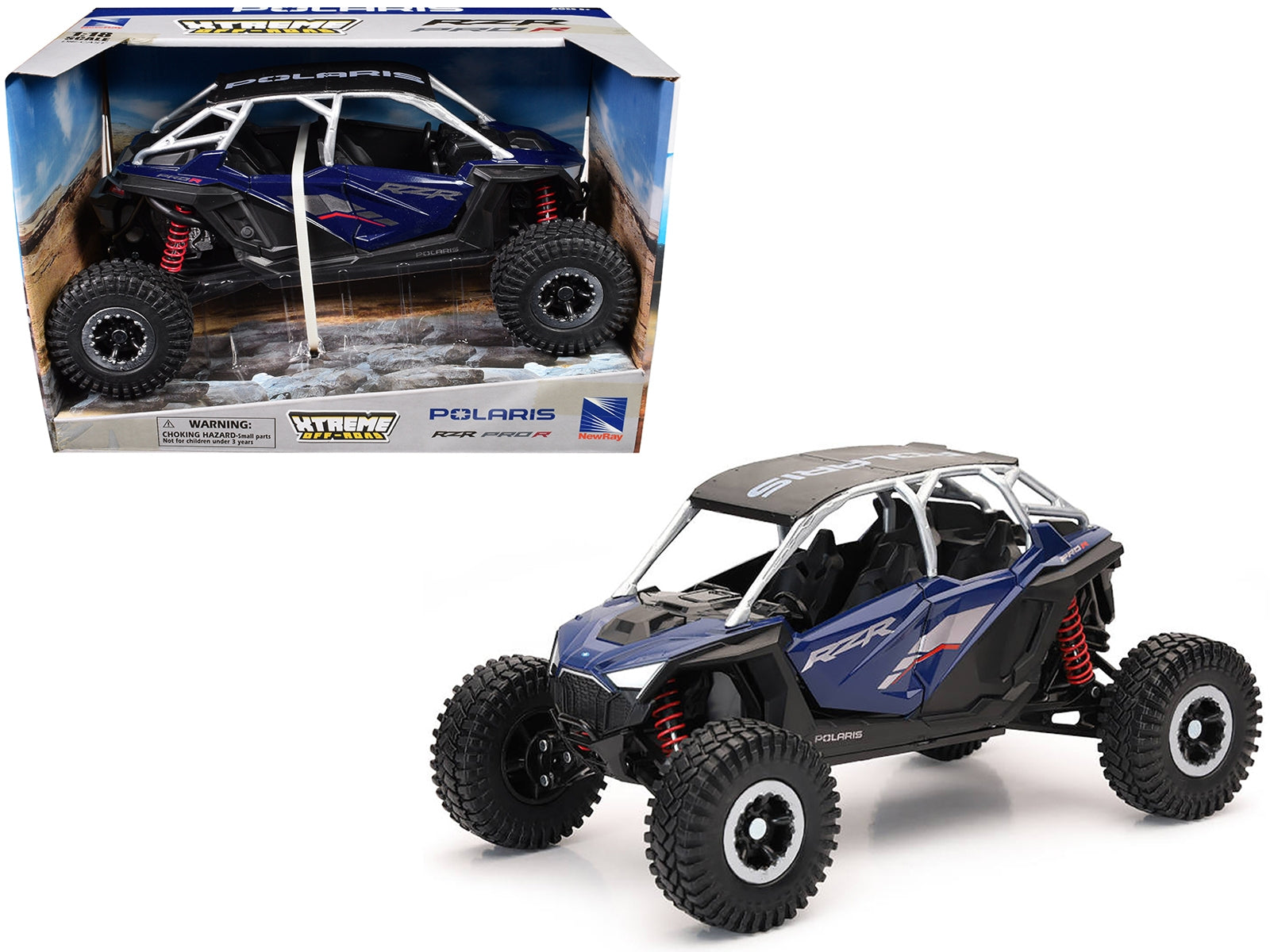 Blue Polaris RZR Pro R UTV diecast model by New Ray, part of the Xtreme Off-Road series, with black top, detailed American Smart design.