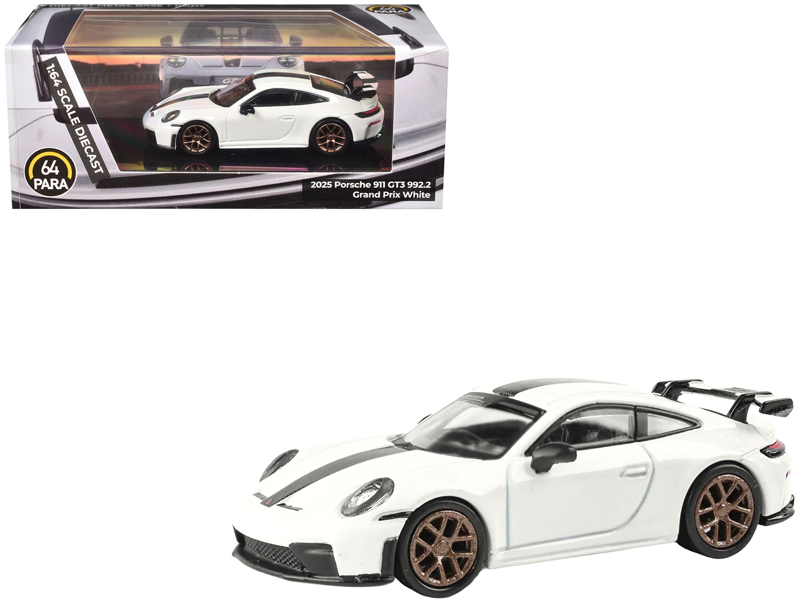 2025 Porsche 911 GT3 1/64 diecast model car in Grand Prix White with carbon stripe by American Smart WB, detailed miniature collectible.