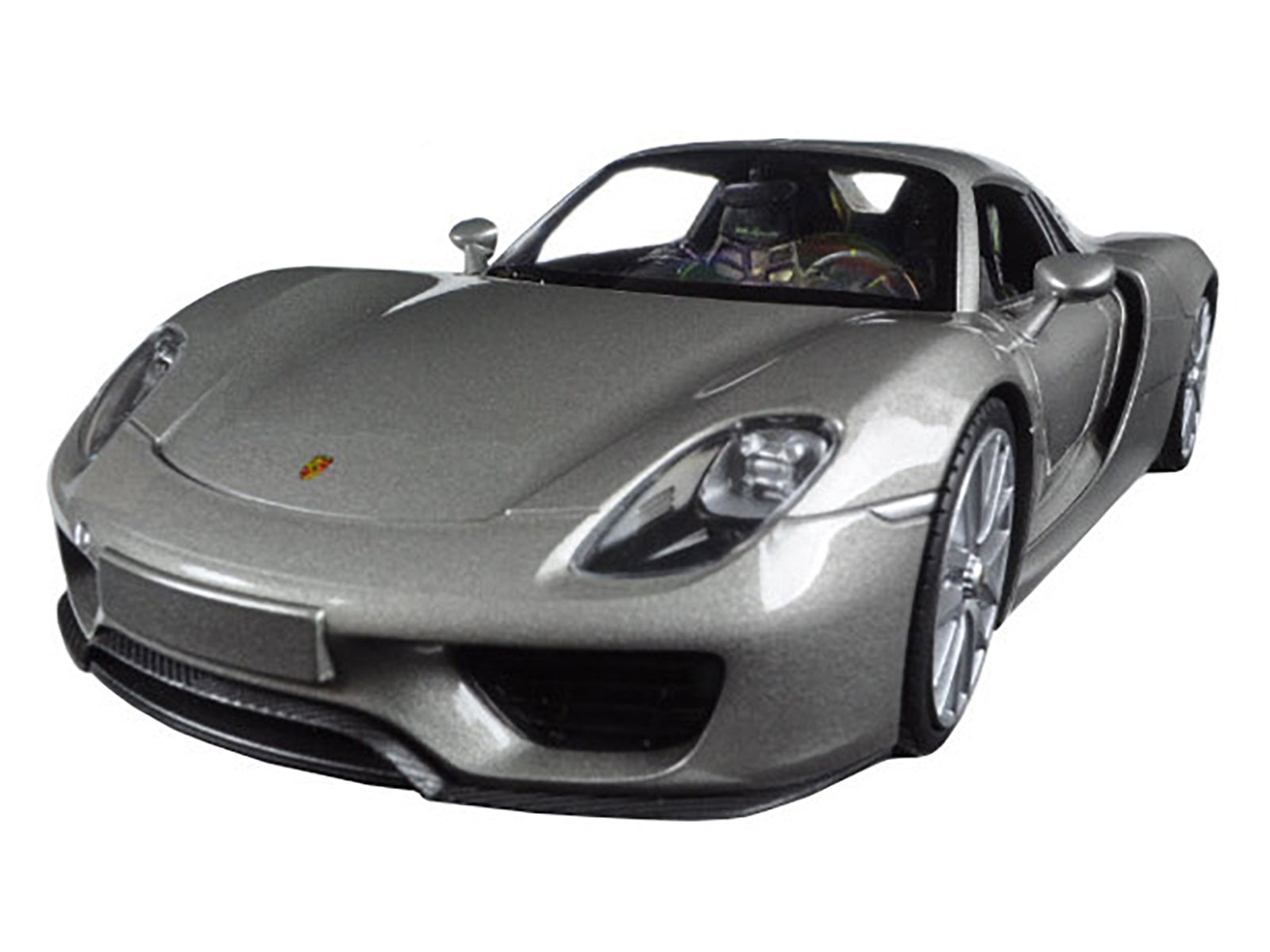 Silver Porsche 918 Spyder diecast model car by Welly, detailed 1/24 scale Porsche model with closed roof and realistic features.