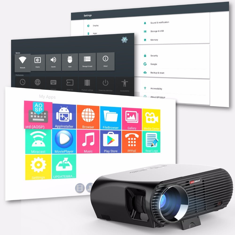 American Smart ViviBright GP100UP smart home theater projector with 3500 lumens brightness, WiFi, Android 6.01, black finish.