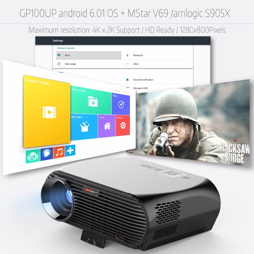 American Smart ViviBright GP100UP smart home theater projector showing a bright image on a wall, with black sleek design and high brightness.