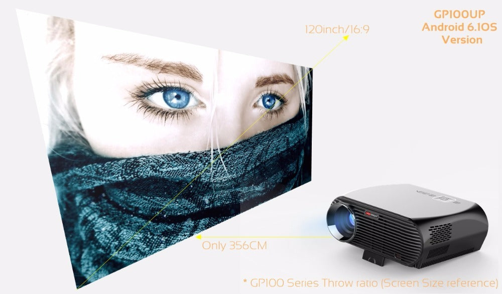 American Smart ViviBright GP100UP smart home theater projector with 3500 lumens brightness, Android 6.01, WiFi, black finish.