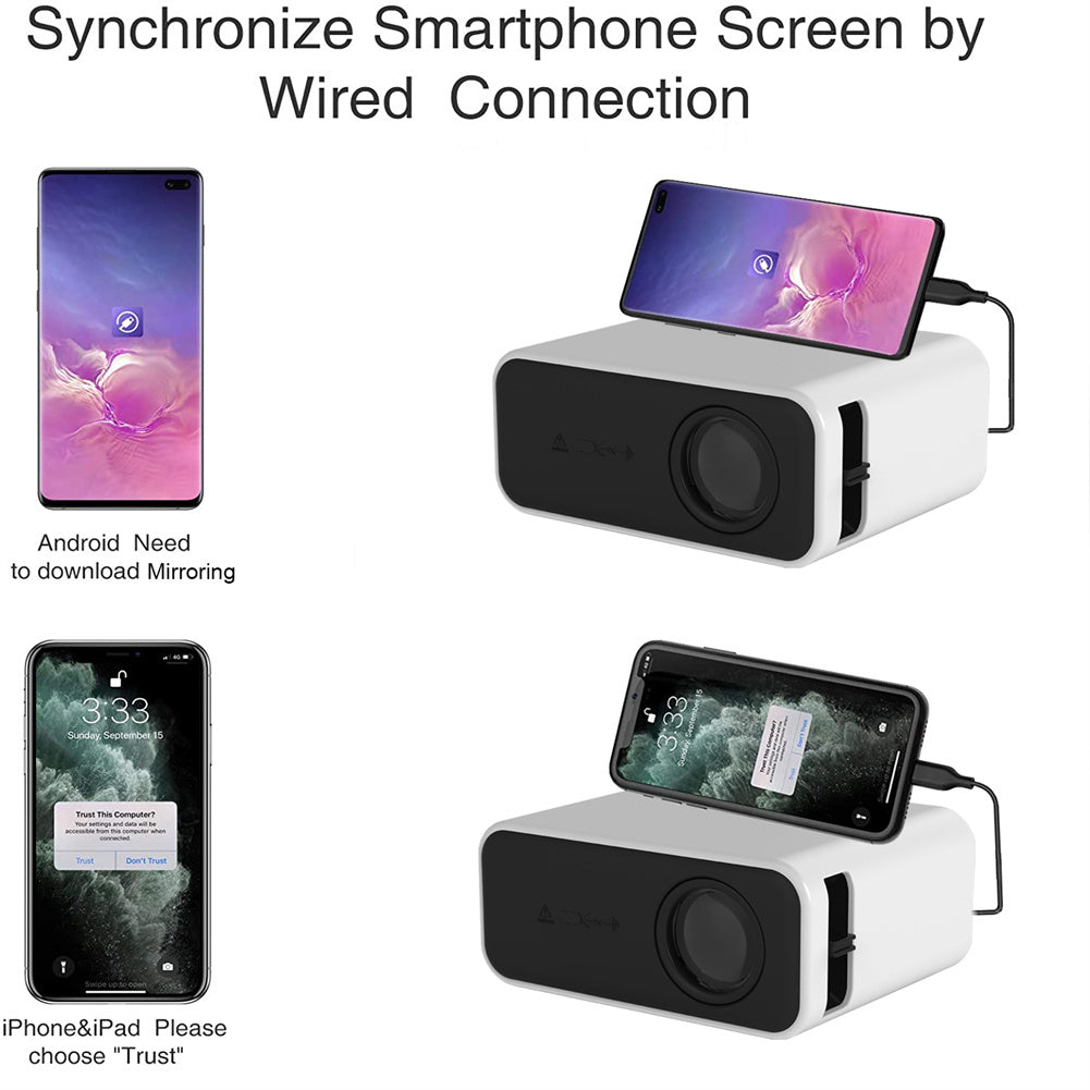 American Smart Yt500 Mini Projector with built-in speaker, white portable media projector for children, US plug, small size.