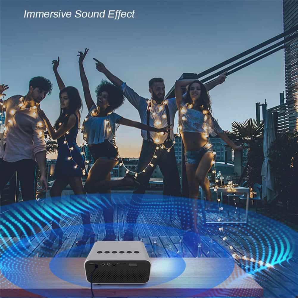 American Smart YT500 mini home projector with built-in speaker, white compact media device for mobile phones and children.