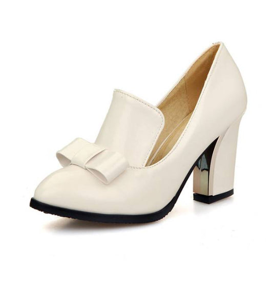 Color: White, Size: 42 - Mid-heel Chunky-heel Bow Large-size PU Lace-up High Heels - American Smart