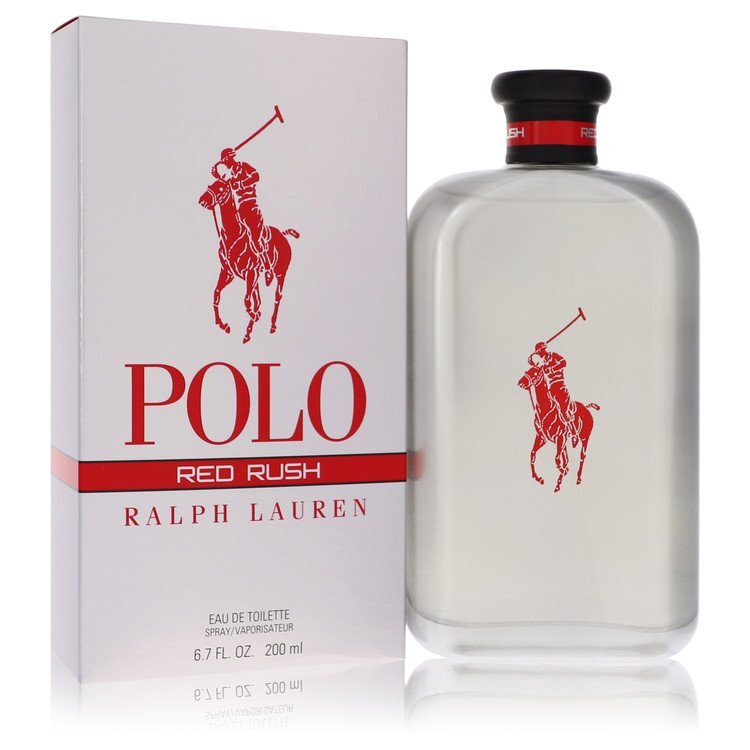 Ralph Lauren Polo Red Rush men's eau de toilette spray in 6.7 oz bottle, featuring a sleek red and silver design.