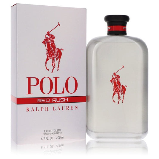 Ralph Lauren Polo Red Rush men's eau de toilette spray in 6.7 oz bottle, featuring a sleek red and silver design.