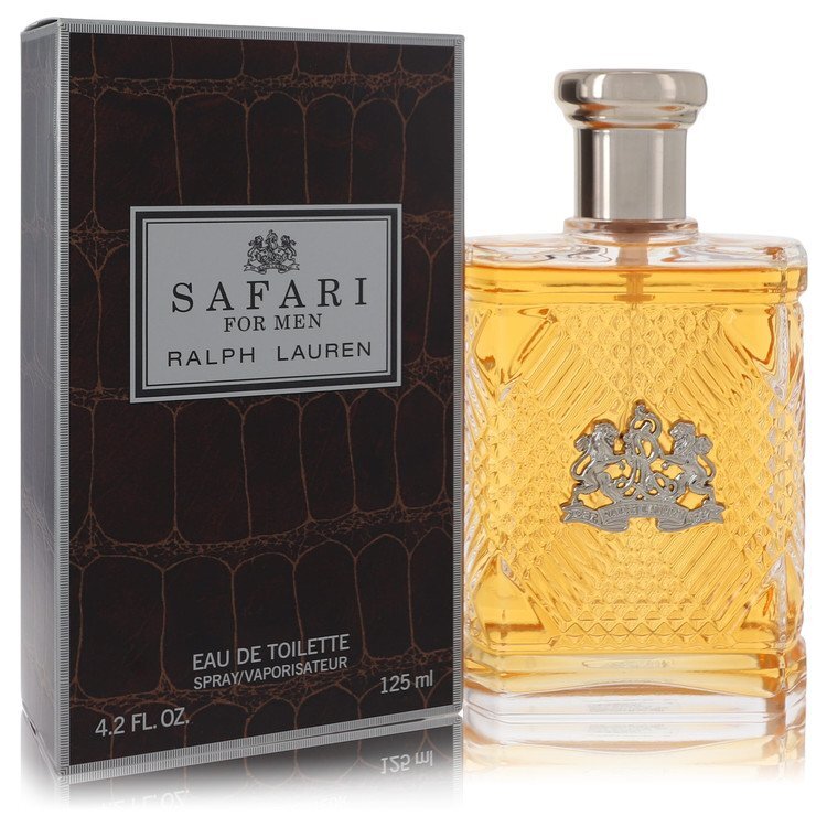 Ralph Lauren Safari Eau De Toilette spray for men, 4.2 oz bottle, with a sleek glass design and safari-themed branding.