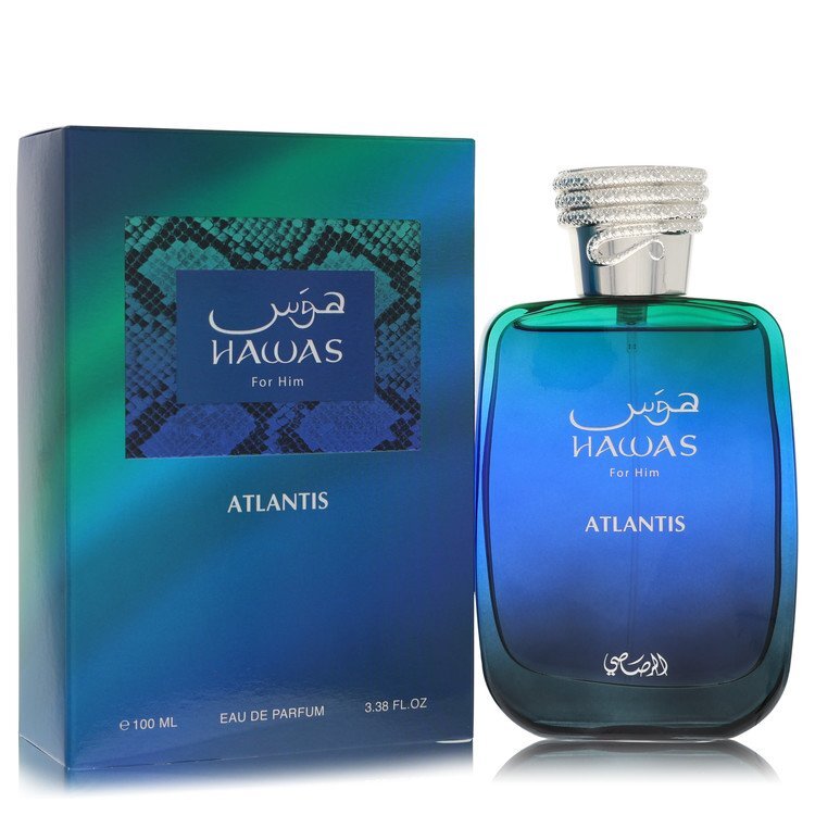 Hawas Atlantis by Rasasi men's Eau De Parfum spray, 3.38 oz, featuring a sleek bottle with a blue and silver design.