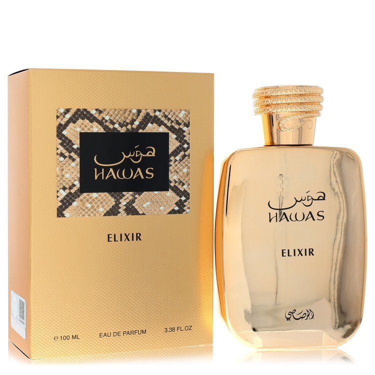 Hawas Elixir by Rasasi unisex Eau De Parfum spray in 3.4 oz bottle, featuring a sleek design and elegant fragrance.