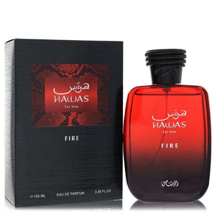 Hawas Fire by Rasasi men's Eau De Parfum spray in 3.3 oz bottle, showcasing the sleek design and branding of Rasasi fragrance.