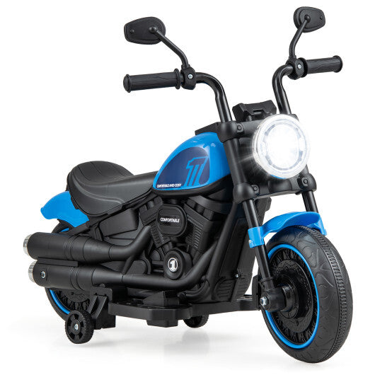 Blue kids electric motorcycle ride-on toy with training wheels and LED headlights by American Smart WB.