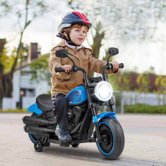 Blue kids electric motorcycle ride-on toy with training wheels and LED headlights by American Smart WB.