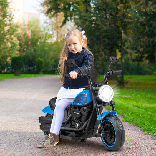 Blue kids electric motorcycle with training wheels, LED headlights, and realistic ride-on toy design by American Smart WB.