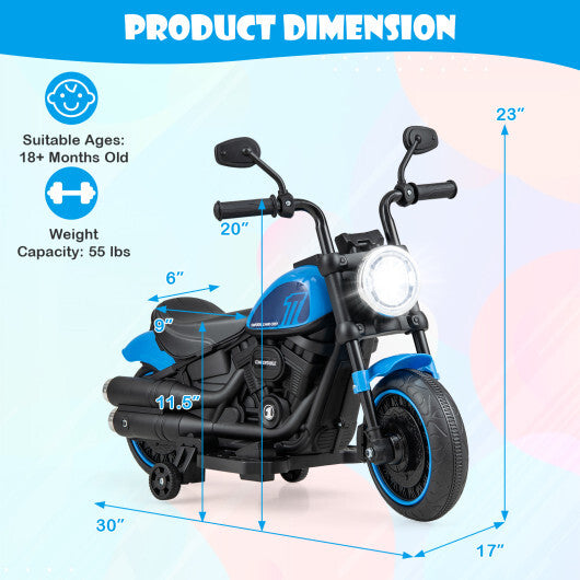 Blue kids electric motorcycle with training wheels and LED headlights, American Smart WB ride-on toy for children.