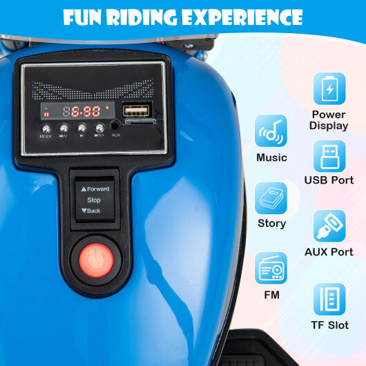 Kids electric motorcycle toy with training wheels and LED headlights in blue, by American Smart WB, designed for young riders.