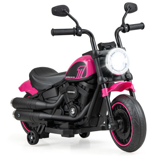 Blue kids electric motorcycle toy with training wheels and LED headlights, designed for children to ride safely.