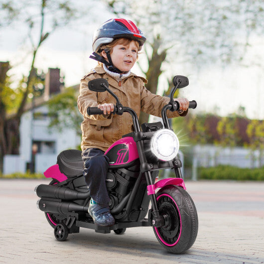 Blue kids electric motorcycle with training wheels and LED headlights, designed for ride-on play by American Smart WB.