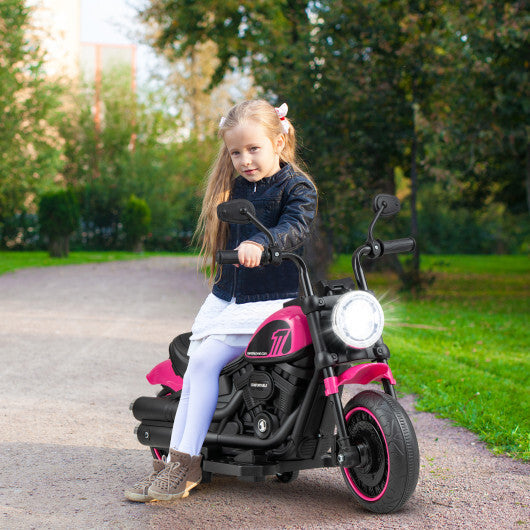 Blue kids' electric motorcycle ride-on toy with training wheels and LED headlights by American Smart WB.