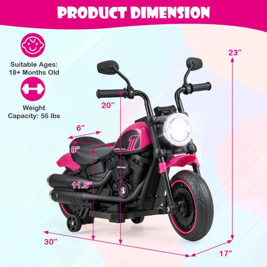 Blue kids electric motorcycle ride-on toy with training wheels and LED headlights by American Smart WB.