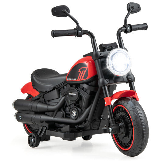 Blue kids electric motorcycle ride-on toy with training wheels and LED headlights, designed for young children by American Smart WB.