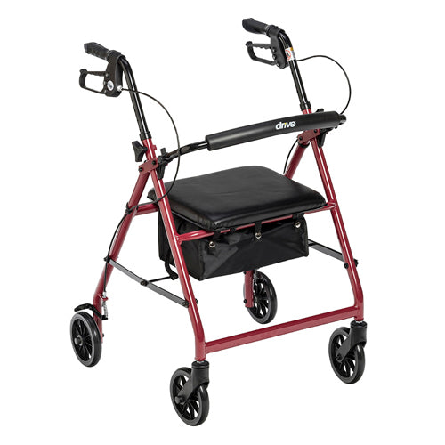 Red American Smart 4-wheel rollator with padded seat and storage pouch, designed for mobility and comfort.