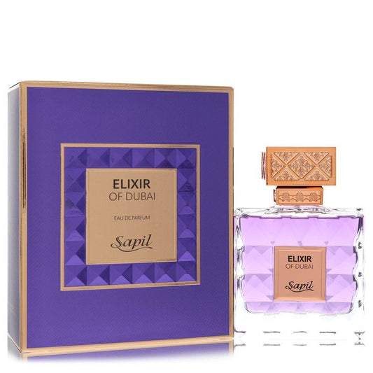 Unisex Sapil Elixir Of Dubai Eau De Parfum spray in 3.4 oz bottle, featuring elegant packaging and fragrance details.