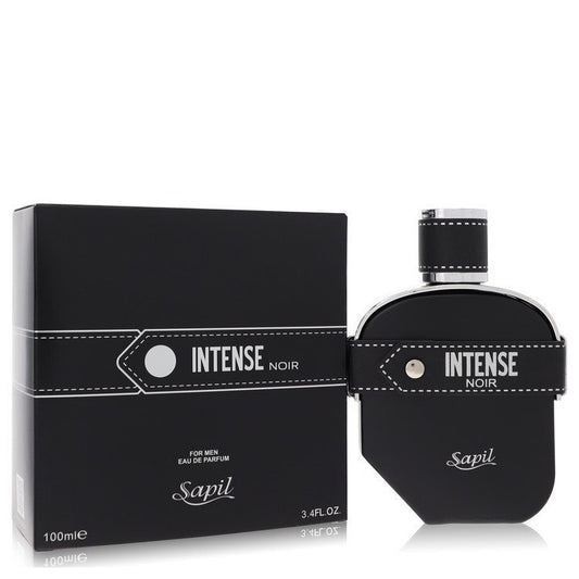 Sapil Intense Noir men's Eau De Parfum spray in 3.4 oz bottle, with sleek black packaging and elegant design.
