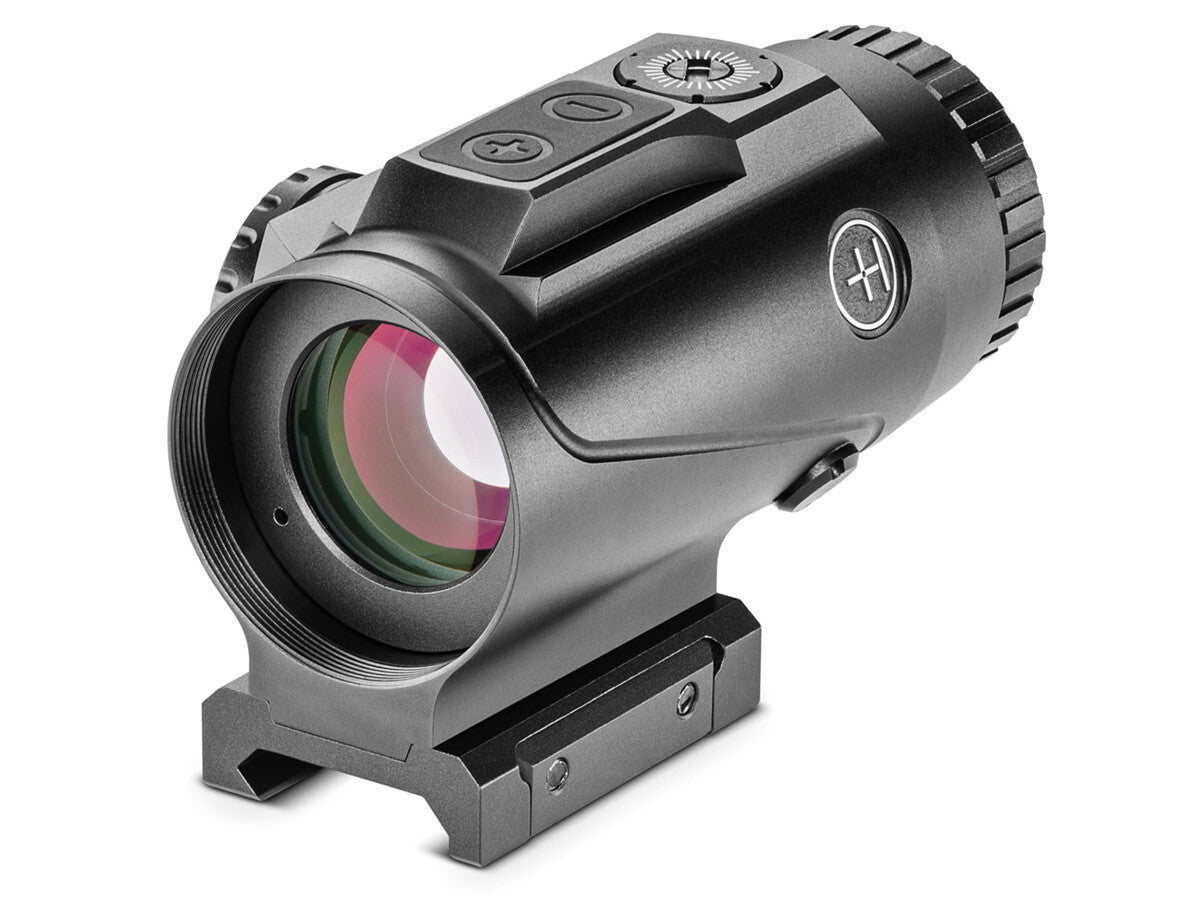 Hawke 4x24 Prism Sight scope mounted on a firearm, featuring a compact design and clear optical lenses for precise aiming.