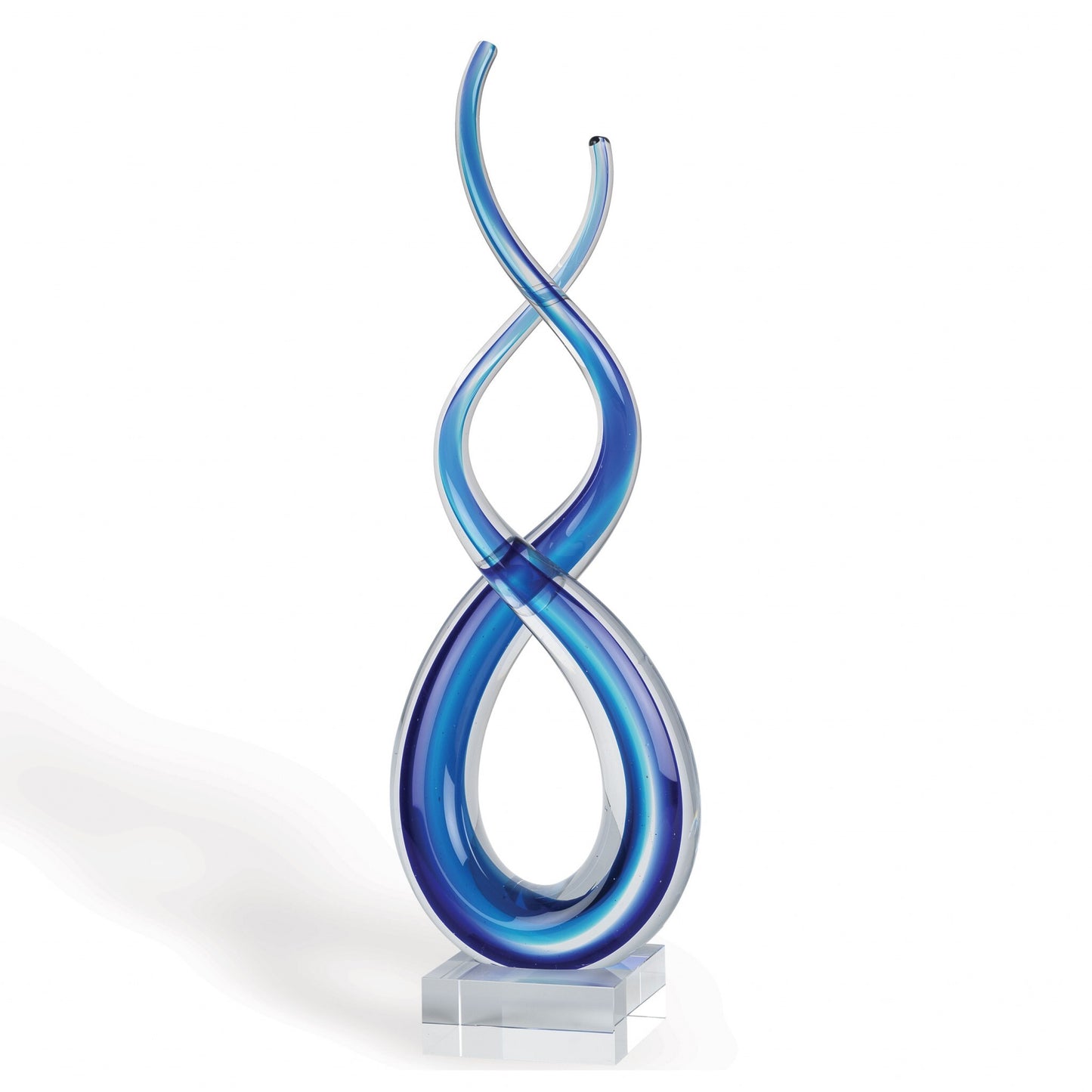 20-inch clear and blue Murano glass modern abstract sculpture by American Smart - WB, featuring flowing glass art on a tabletop.