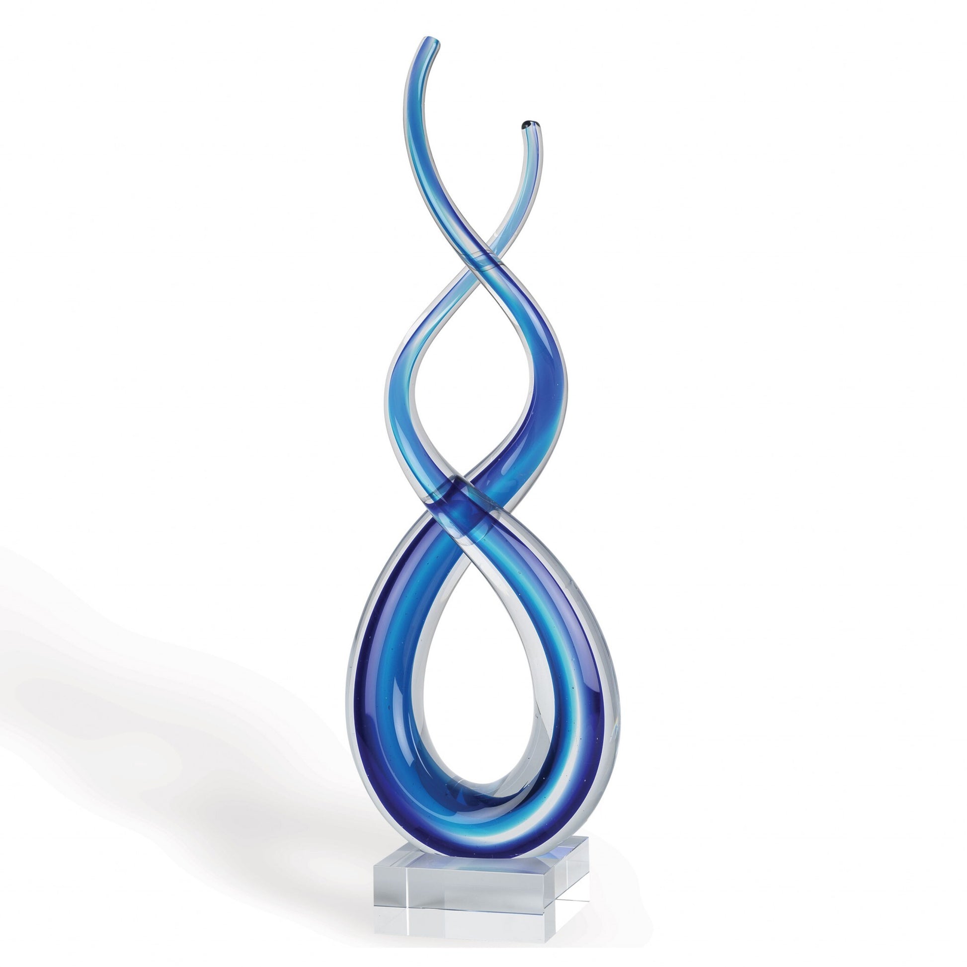20-inch clear and blue Murano glass modern abstract sculpture by American Smart - WB, featuring flowing glass art on a tabletop.