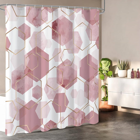 Pink geometric abstract polyester shower curtain, 72 inches wide by 72 inches high, by American Smart WB.