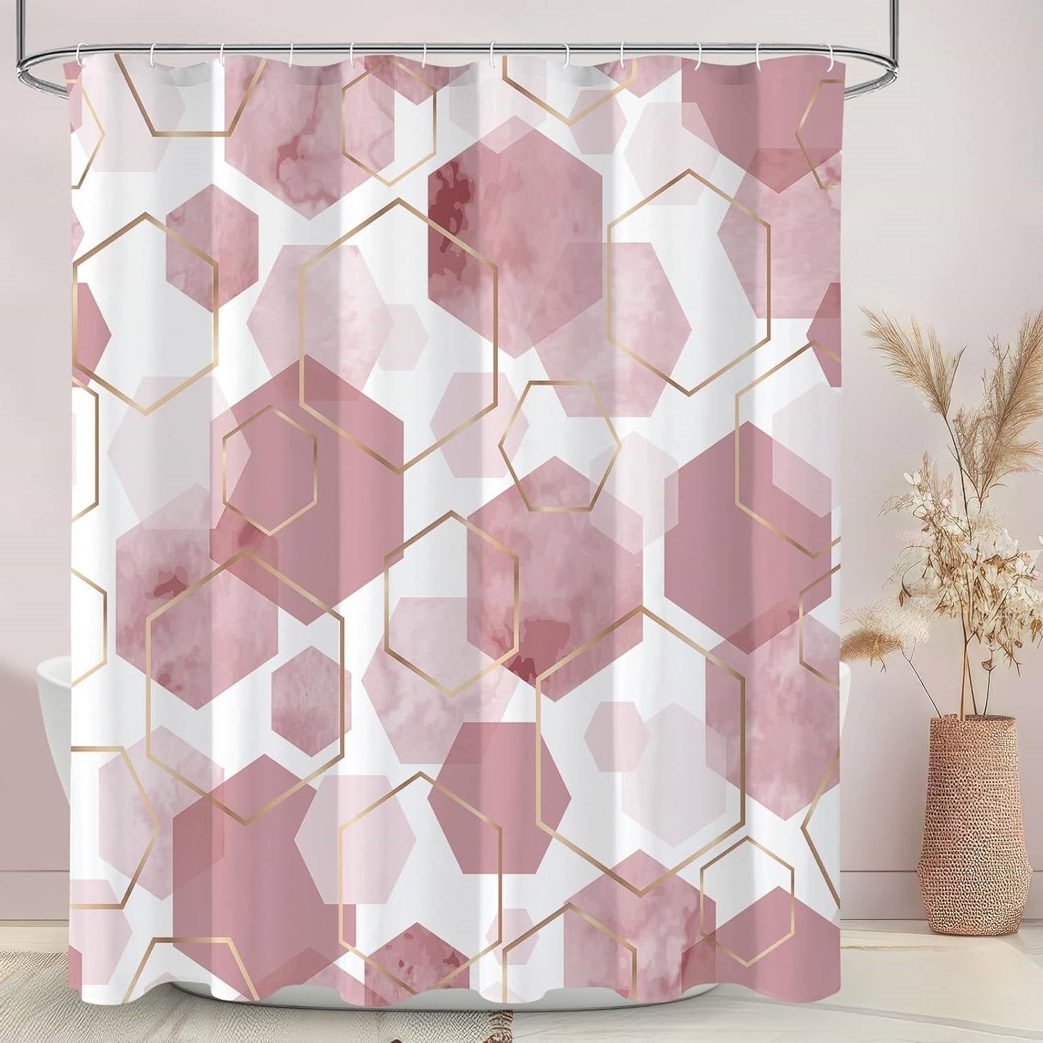 American Smart pink abstract geometric polyester shower curtain measuring 72 inches wide by 72 inches high.