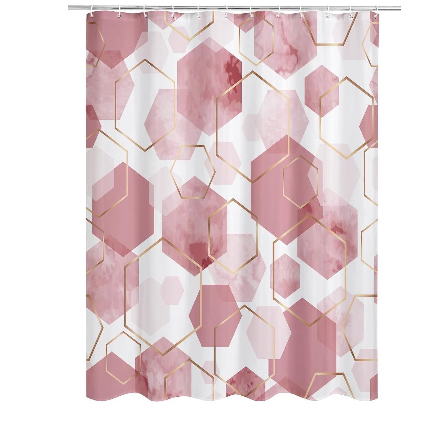 Pink geometric polyester shower curtain with abstract design, 72 inches wide by 72 inches high, by American Smart WB.