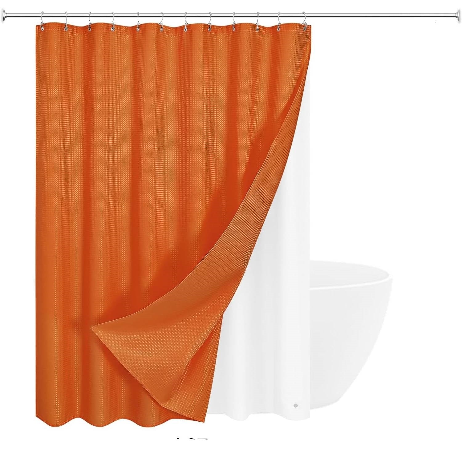 Burnt orange waffle textured shower curtain set with liner, 72"W x 72"H, by American Smart WB, featuring a stylish bathroom decor.