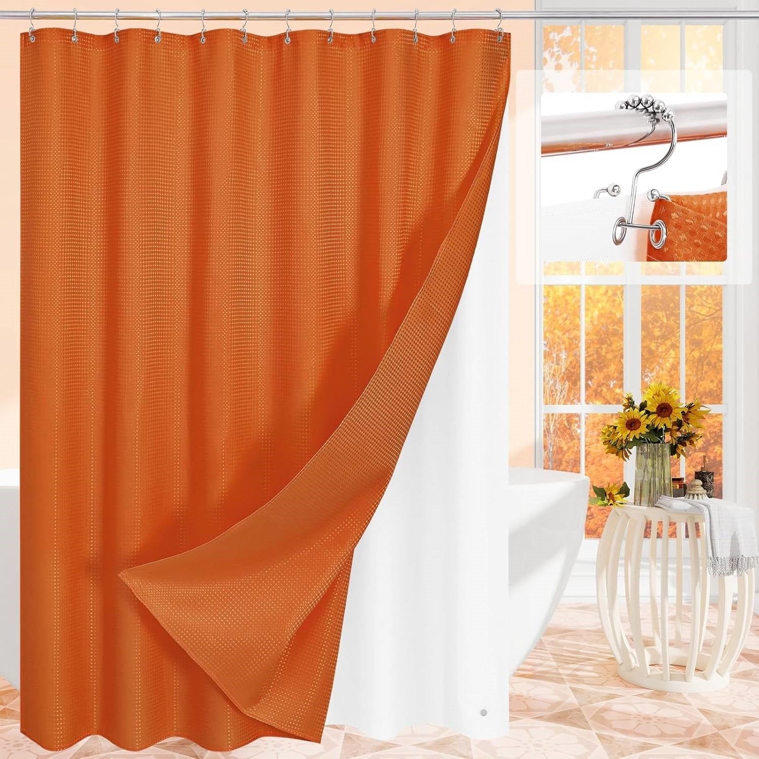Burnt orange waffle textured shower curtain set with liner, 72 inches wide and 72 inches tall, by American Smart WB.