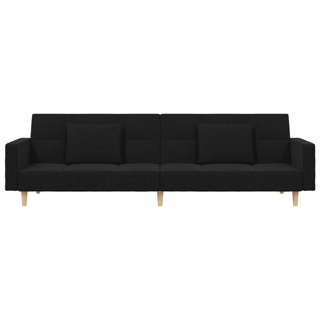 Black fabric 2-seater sofa bed with two pillows, American Smart WB sofa for versatile seating and sleeping comfort.
